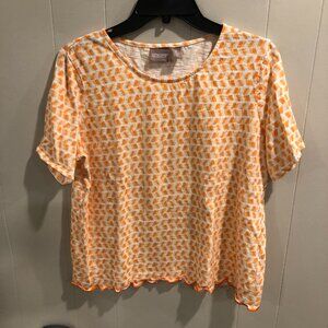 Chico’s T-Shirt Orange White Pattern Short Sleeve, Size 2 Large